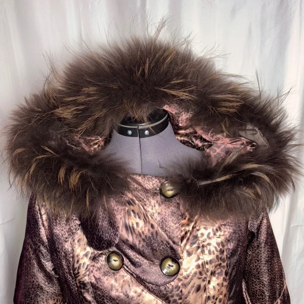 Tuleh Y2K Leopard Print Real Fur Trim Hooded Trench Coat M B35 W31 H38 DAMAGED